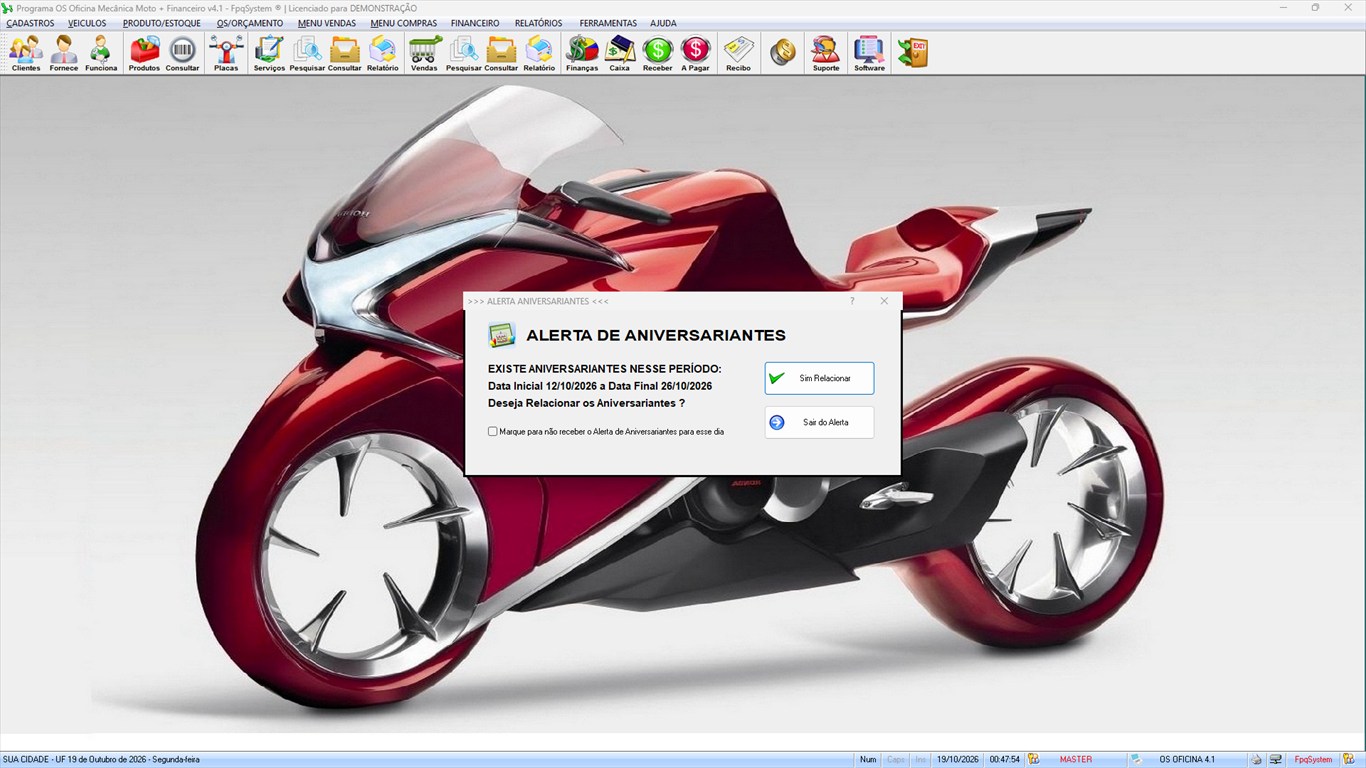 Oficina MOTO + Vendas e Financeiro v4.1 - Alerta de aniversariantes ao abrir o programa
