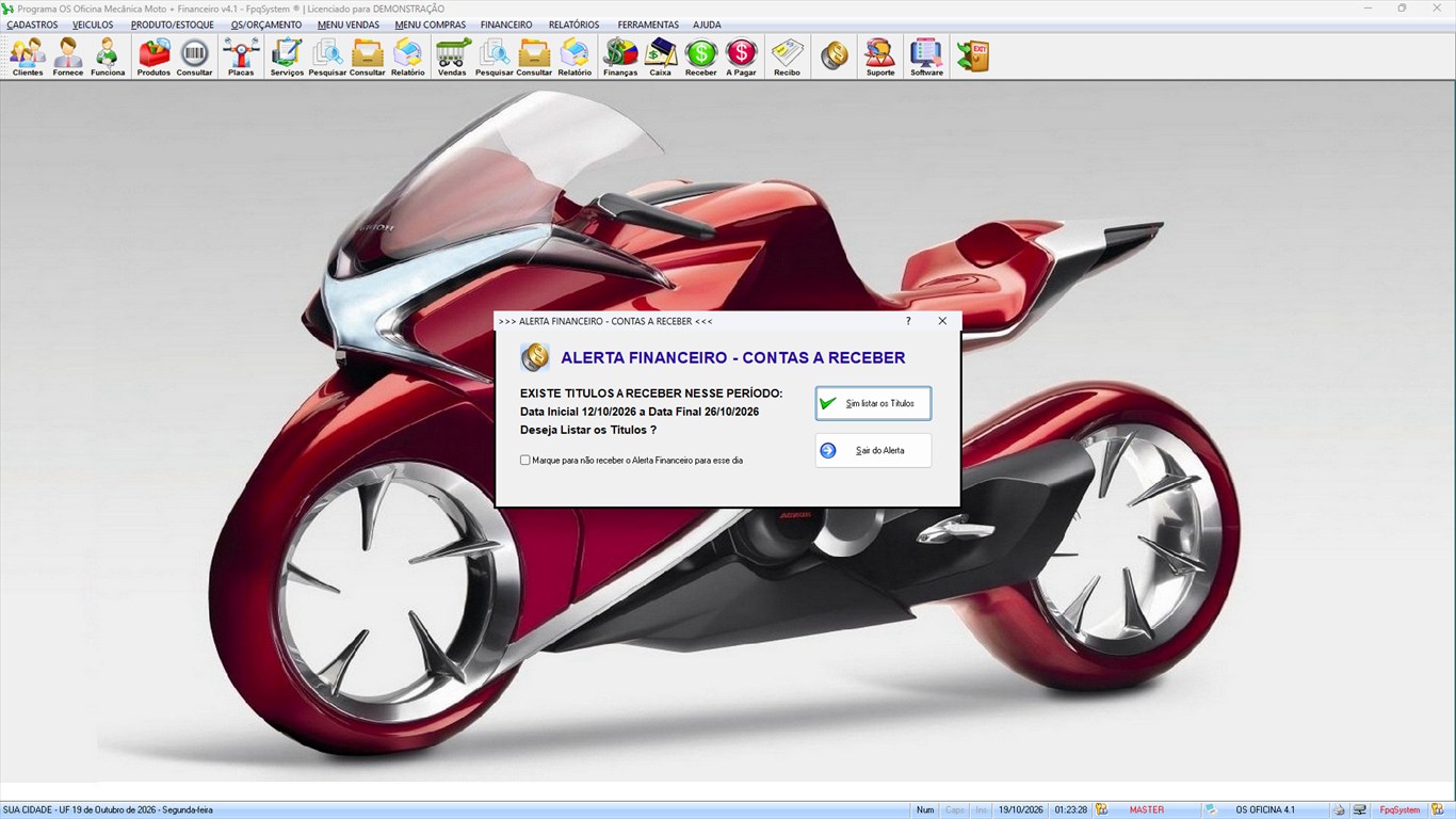 Oficina MOTO + Vendas e Financeiro v4.1 - Alerta financeiro avisando que existem títulos a receber vencendo no período
