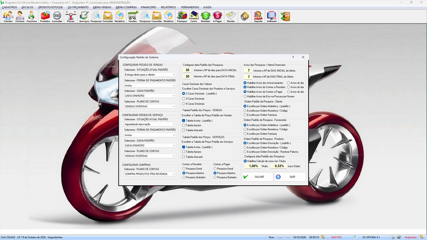 Oficina MOTO + Vendas e Financeiro v4.1 - Ferramentas 4 - Configuração padrão do sistema
