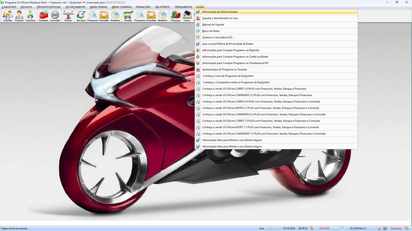Oficina MOTO + Vendas e Financeiro v4.1 - Menu Ajuda aberto