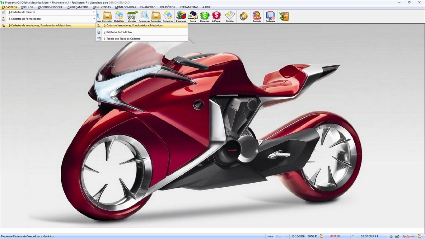 Oficina MOTO + Vendas e Financeiro v4.1 - Menu Cadastros > Vendedores, Funcionários e Mecânicos