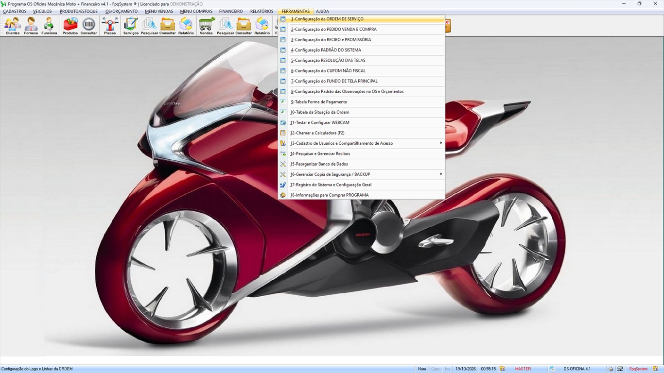 Oficina MOTO + Vendas e Financeiro v4.1 - Menu Ferramentas aberto (itens 1 a 18)