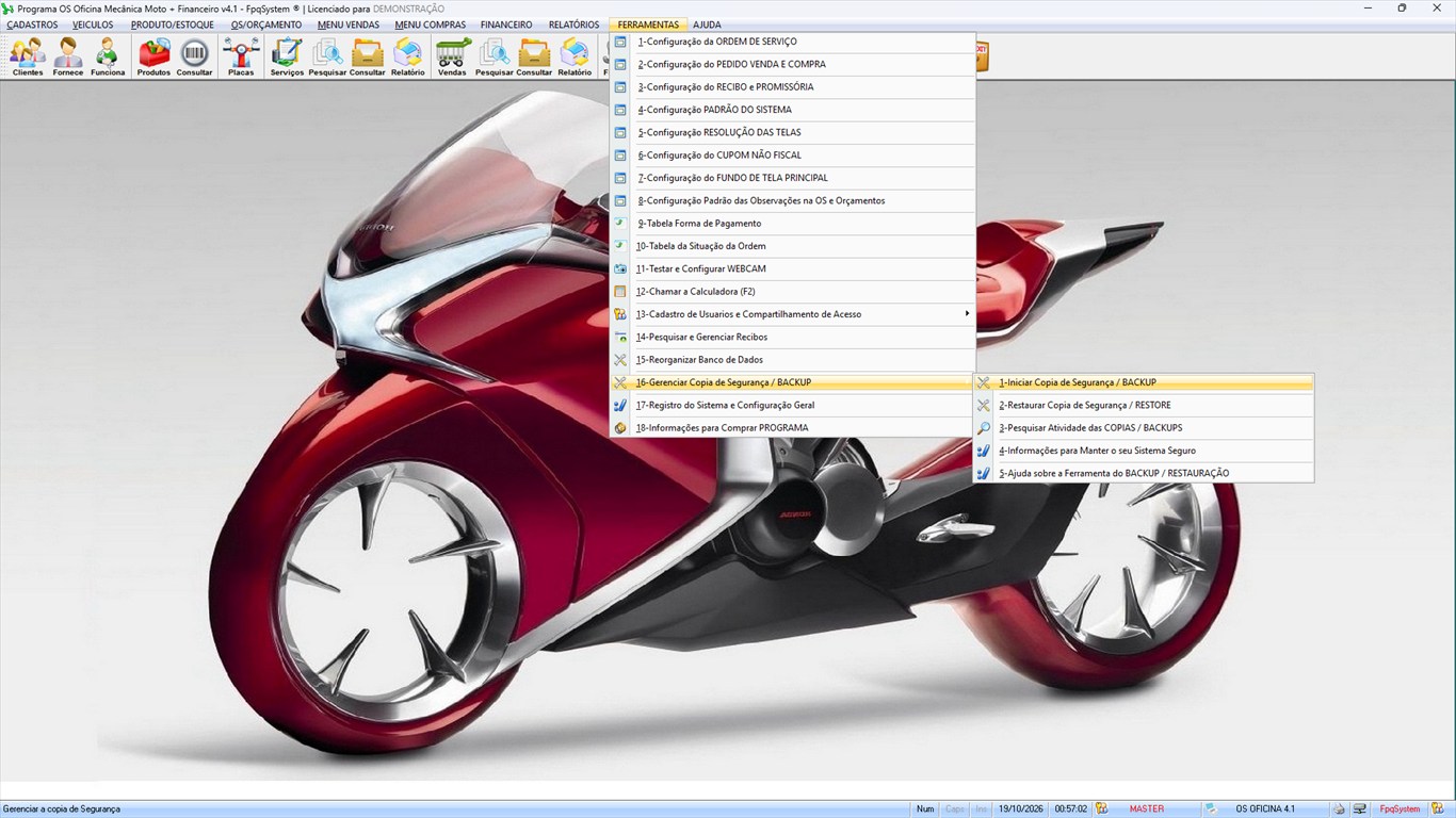 Oficina MOTO + Vendas e Financeiro v4.1 - Menu Ferramentas > Cópia de Segurança / Backup