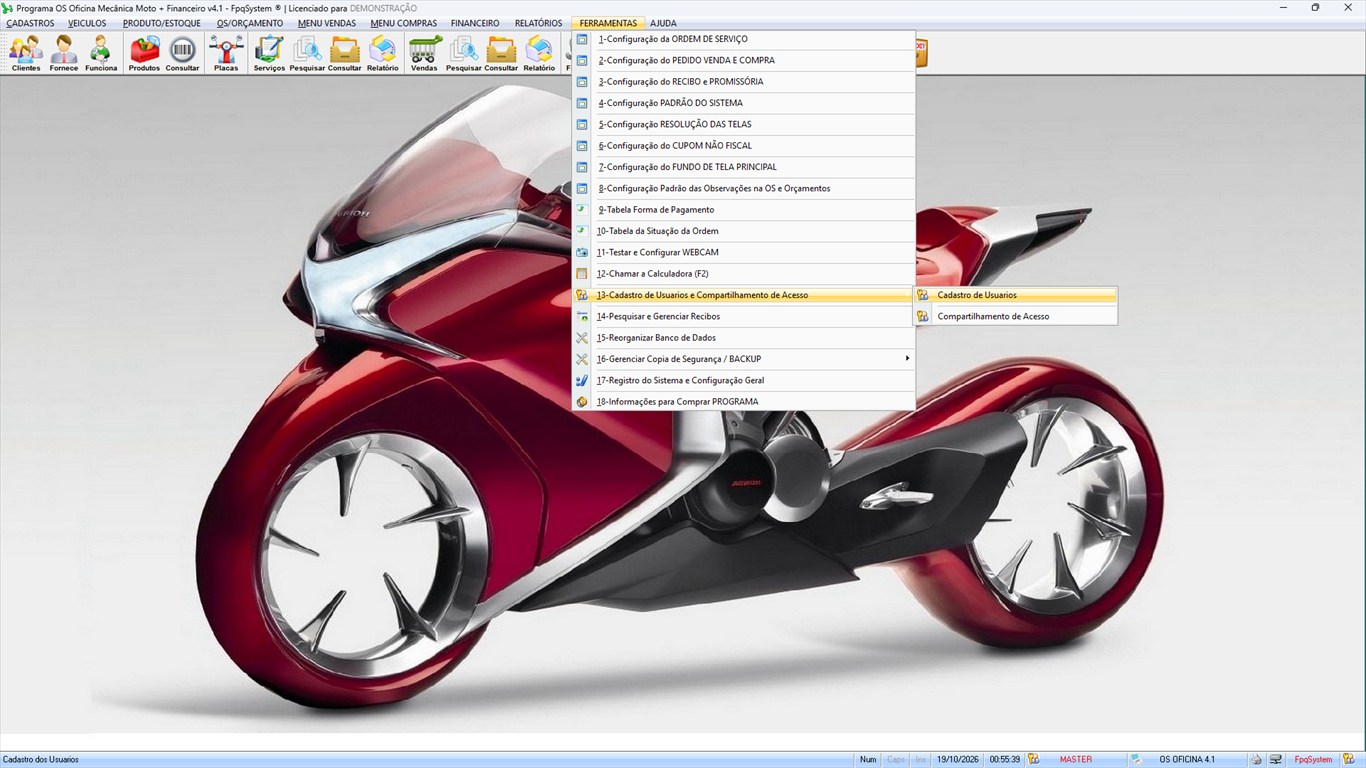 Oficina MOTO + Vendas e Financeiro v4.1 - Menu Ferramentas > Cadastro de Usuários e Compartilhamento de Acesso