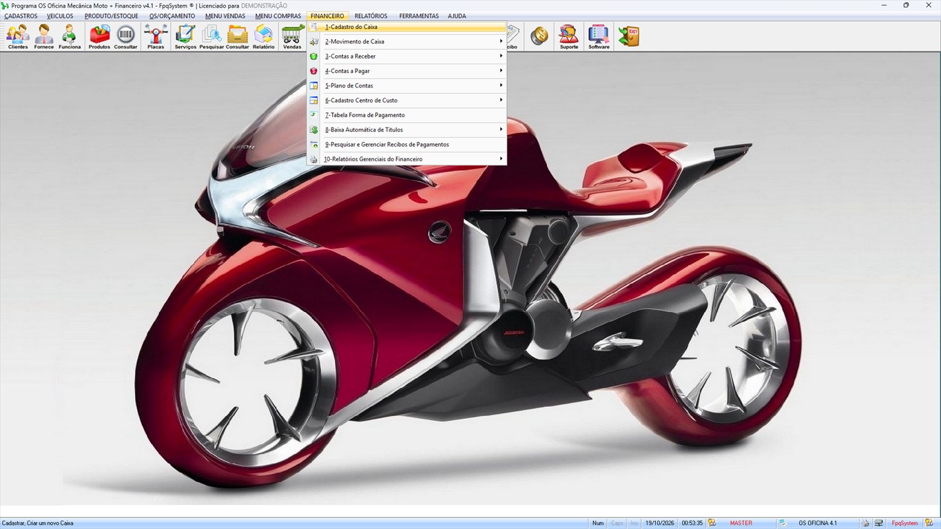 Oficina MOTO + Vendas e Financeiro v4.1 - Menu Financeiro aberto