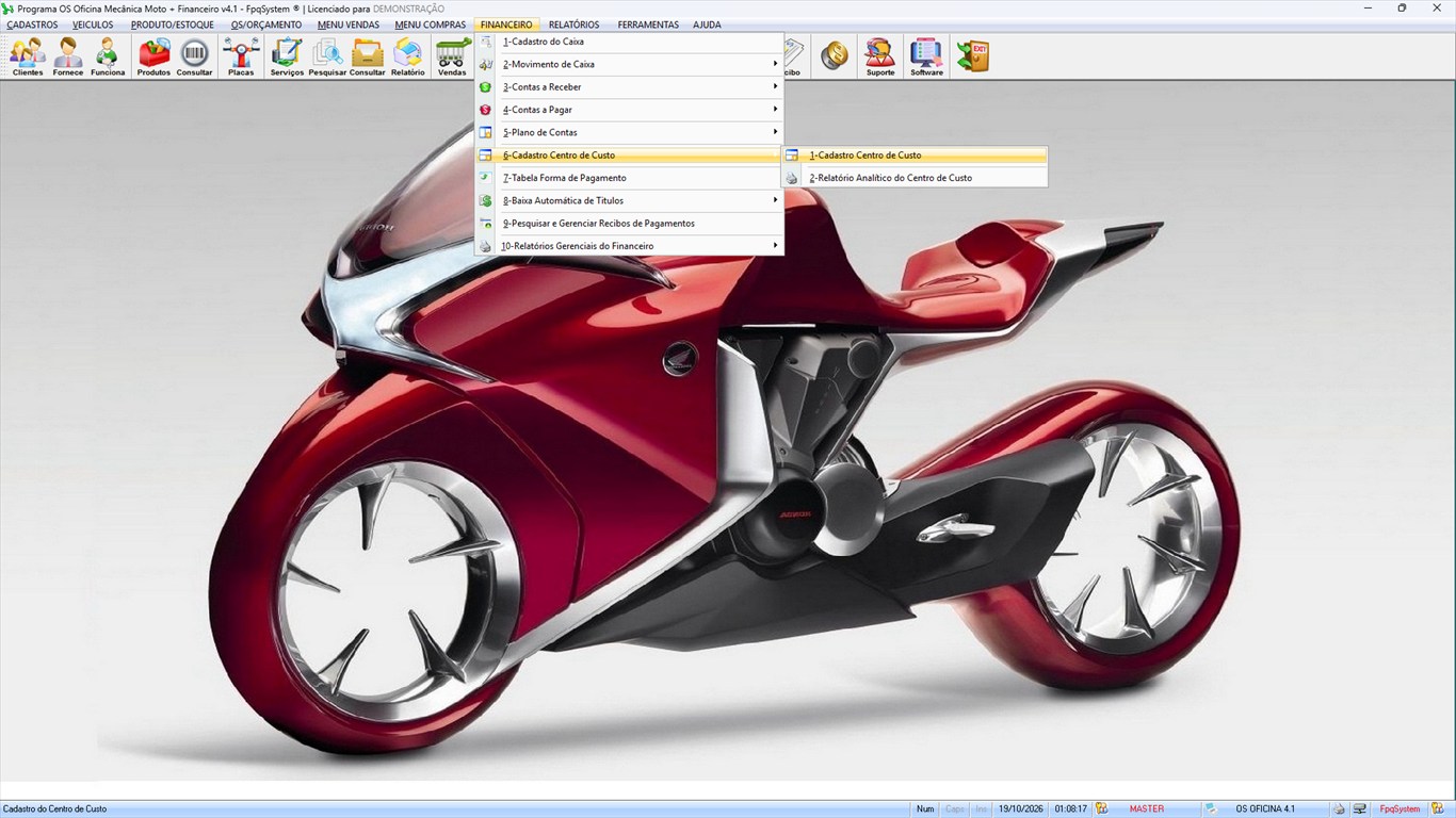 Oficina MOTO + Vendas e Financeiro v4.1 - Menu Financeiro > Cadastro Centro de Custo