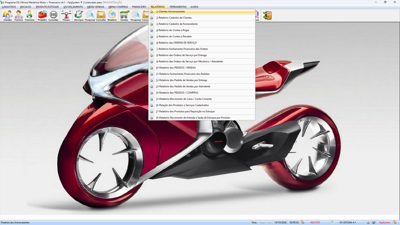 Oficina MOTO + Vendas e Financeiro v4.1 - Menu Relatórios aberto