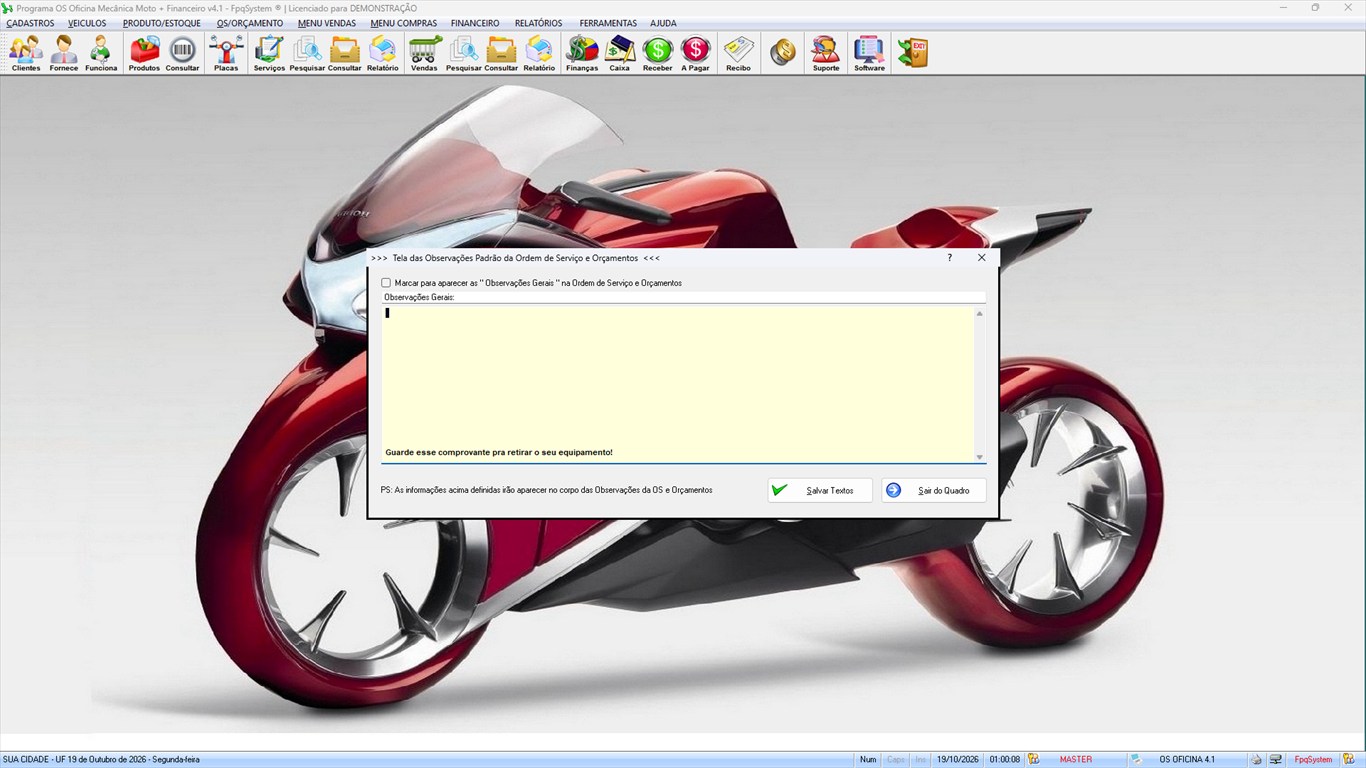 Oficina MOTO + Vendas e Financeiro v4.1 - Ferramentas 8 - Observações padrão na OS e orçamentos