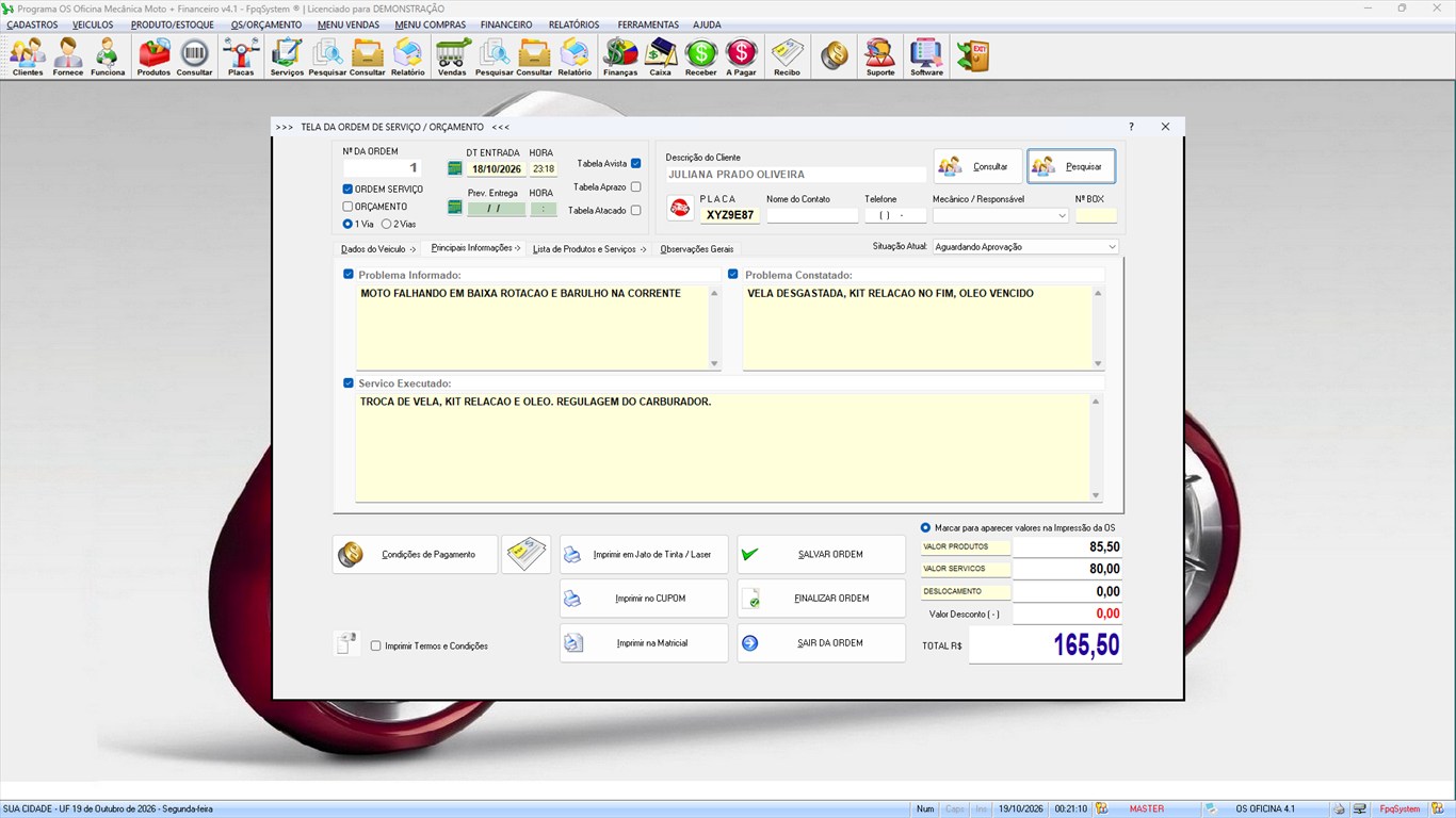 Oficina MOTO + Vendas e Financeiro v4.1 - Ordem de serviço: cliente, placa, defeito informado/constatado e serviço executado