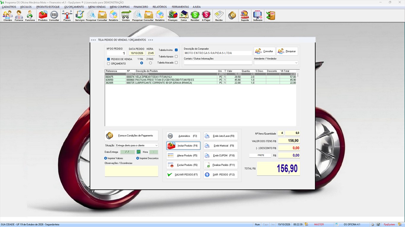 Oficina MOTO + Vendas e Financeiro v4.1 - Tela do pedido de venda com itens e totais