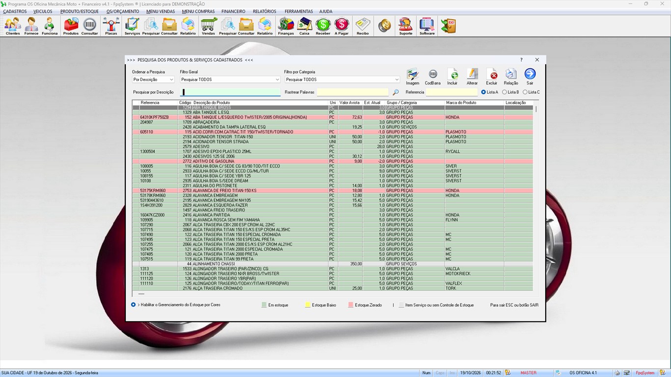 Oficina MOTO + Vendas e Financeiro v4.1 - Pesquisa de produtos e serviços com cores de controle de estoque
