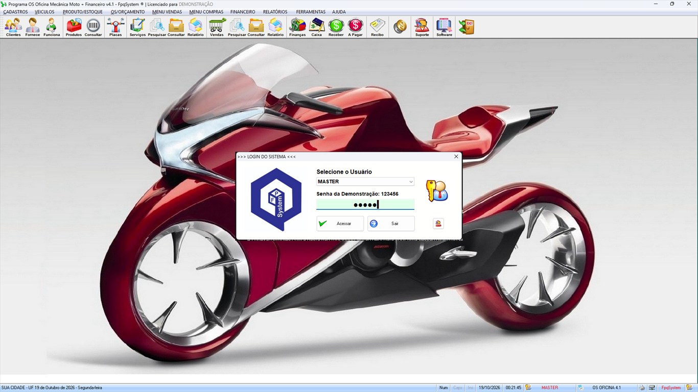 Oficina MOTO + Vendas e Financeiro v4.1 - Login do sistema (usuário MASTER)